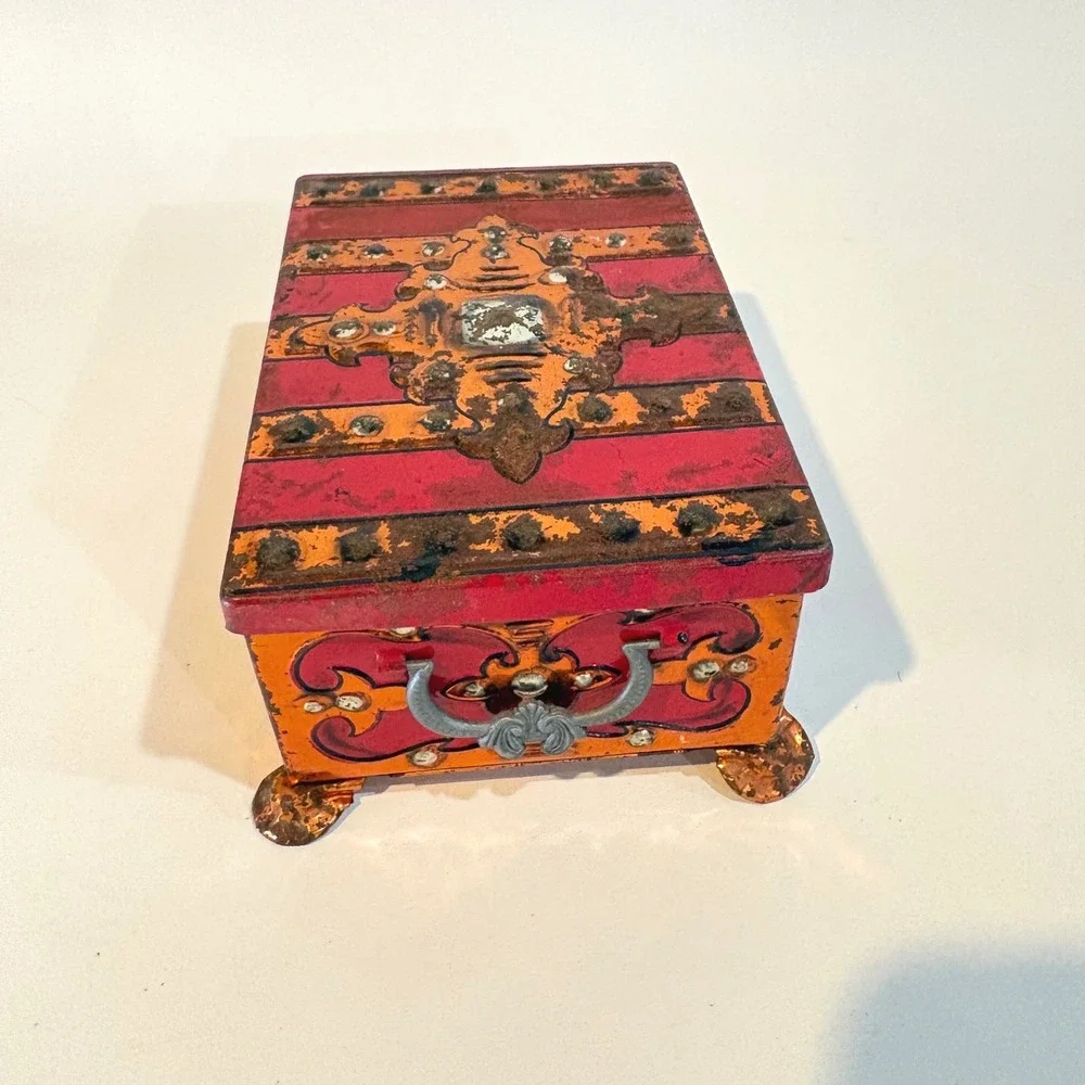 Vintage Fricke & Nacke Western Germany Tin Jewelry Box Red Orange Striped Casket